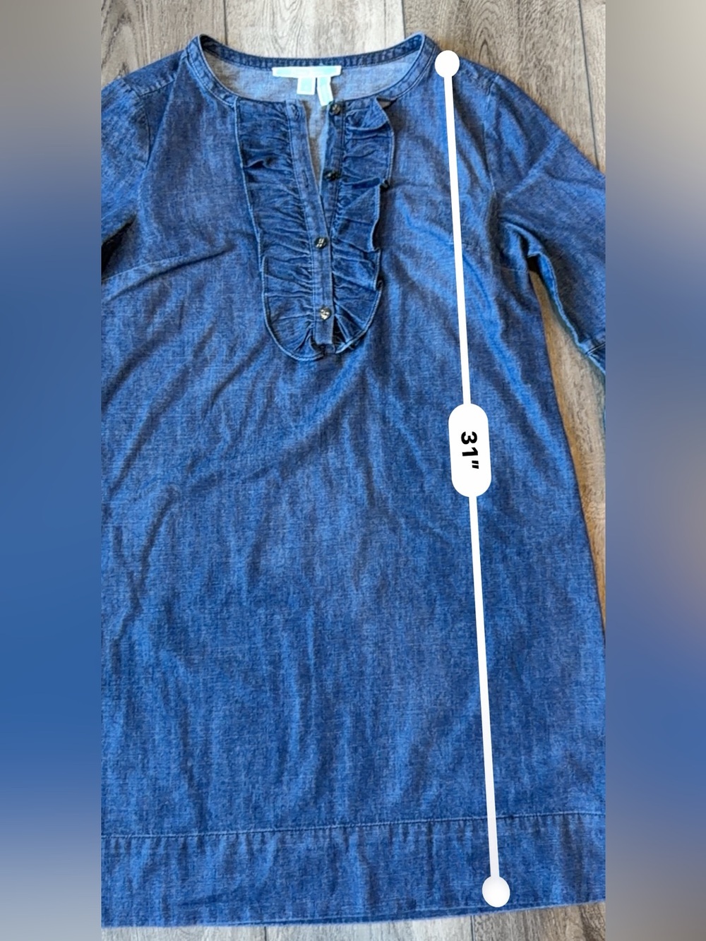 Draper James-Chambray Preppy Denim Ruffle Front Bell Sleeve Dress-Tailgate Ready - Picture 6 of 10